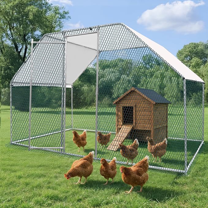 VINGLI Chicken Coop, Large Metal Poultry Cage for Chicken Run, Walk-in Chicken Pen with Waterproof & Anti-UV Cover Outdoor (Silver-Flat Roof, 6.5 * 9.8 * 6.5 ft)