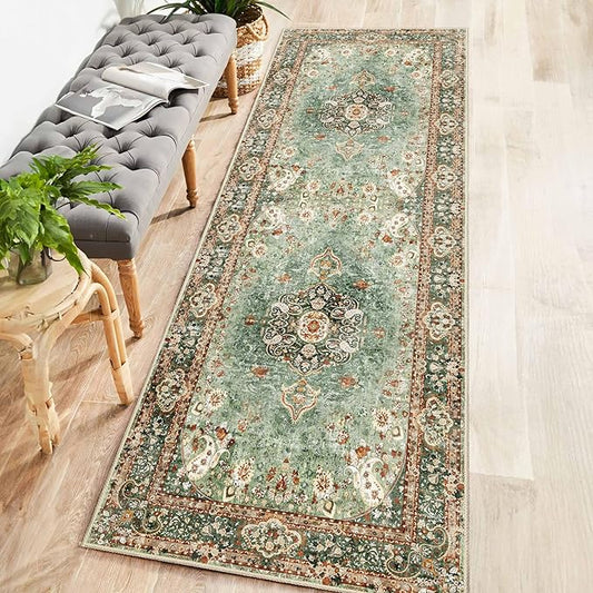 Washable Runner Rug 2x6,Green Rug Runners Non Slip,Long Boho Rugs for Hallways Kitchen Bedroom Entryway Living Room Bathroom,Vintage Bohemian Distressed Oriental Floor Carpet