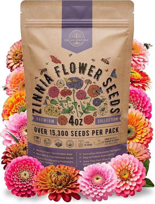 Zinnia Seeds Pack 4 oz - Over 15,300 Non-GMO Heirloom Zinnia Seeds for Planting, Annual Flowers in Individual Seed Packet for Planting Home Garden Indoor & Outdoor Gardening