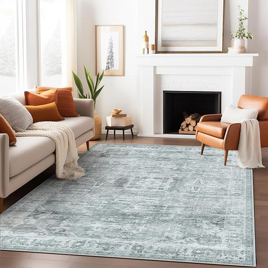 GENIMO Machine Washable 8x10 Area Rugs for Living Room, Non Slip Vintage Rugs, Low Pile Lightweight Chenille Print Rug for Bedroom, Dining Room, Home Office, Blue Gray