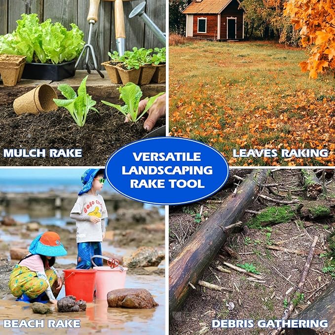 Rake for Leaves Small, Metal Leaf Rakes for Gardening Thatching Weeding Tilling Soil Planting, Hand rake Garden Tool for Cleaning Debris, Weed, Grass in Lawn, Yard, Flower Beds, Landscape