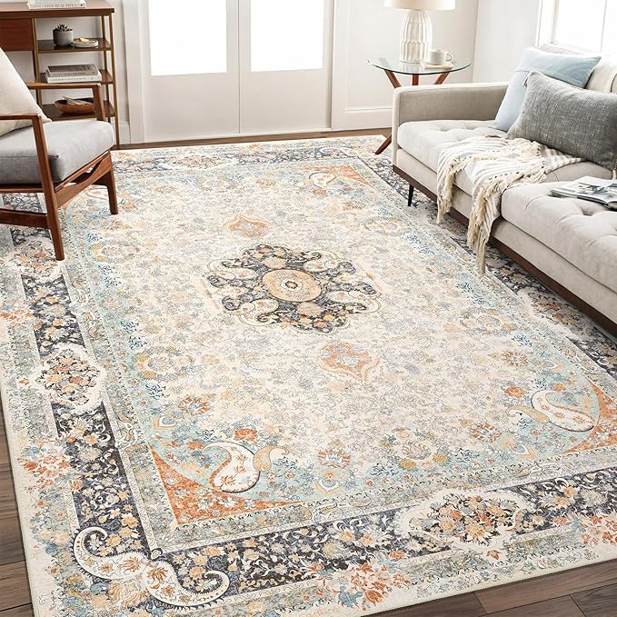 8x10 Area Rugs Washable,Vintage Rug for Living Room Bedroom Dining Room,Large Boho Bohemian Distressed Carpet Non Slip,Retro Blue Grey Floral