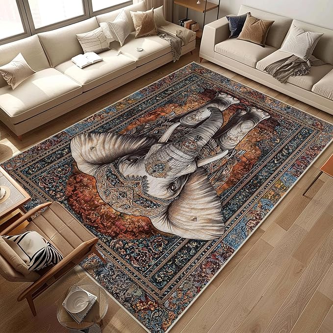 8x10 Elephant Area Rugs Boho Elephant Rug for Living Room Indoor Soft Non-Slip Thin Large Carpet Vintage Rugs for Bedroom Home Decor Under Table Washable Machine
