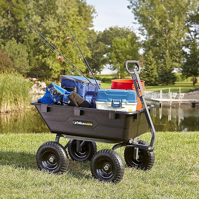 Gorilla Carts Heavy-Duty Poly Yard Dump Cart, 6 Cu Ft Tub, 1200 lb Haul Capacity, Black – Towable Utility Wagon with Quick-Release Dumping & Pneumatic Tires for Landscaping and Gardening