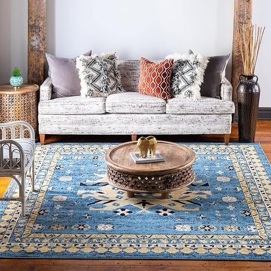 Unique Loom Taftan Collection Border Geometric Tribal Inspired Design Area Rug, 8 ft, Light Blue/Gold