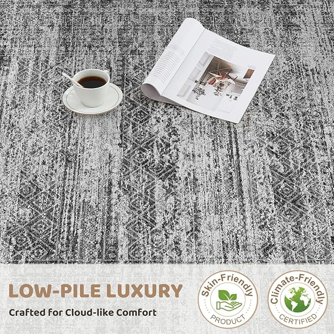 9x12 Area Rug Living Room Rugs - Washable Neutral Modern Abstract Soft Thin Rug Indoor Floor No Slip Rug Carpet for Bedroom Under Dining Table Home Office Decor - Dark Gray