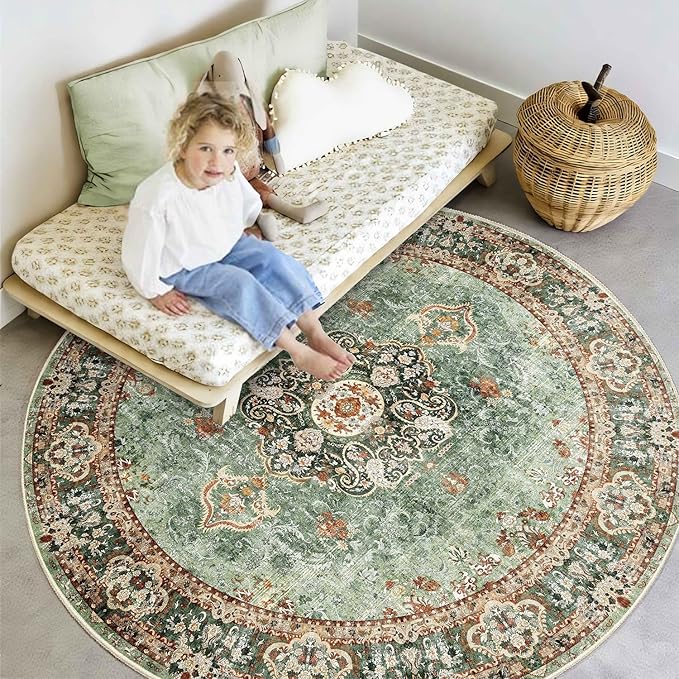 Green Round Rug 6ft,Large Circle Area Rugs for Bedroom Living Room Dining Room,Washable Boho Vintage Bohemian Distressed Oriental Floral Carpet Non Slip,Sage