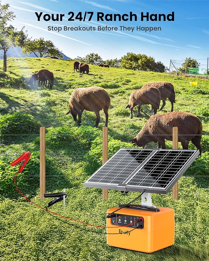 30-Mile Solar Electric Fence Charger for Livestock Safety, 0.3-1.5 Joules Adjustable Energizer with 12000mAh Battery, 24/7 Solar Fence Charger with Smart Voltage Display for Raccoon, Deer Control