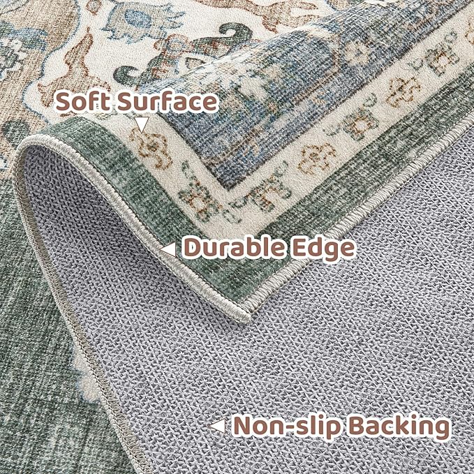 2x3 Washable Entryway Rug: Non-Slip Soft Small Indoor Area Rug for Bedroom Kitchen, Low Pile Stain-Resistant Durable Vintage Floral Carpet for Porch Laundry Kids Room Home Decor (Green)