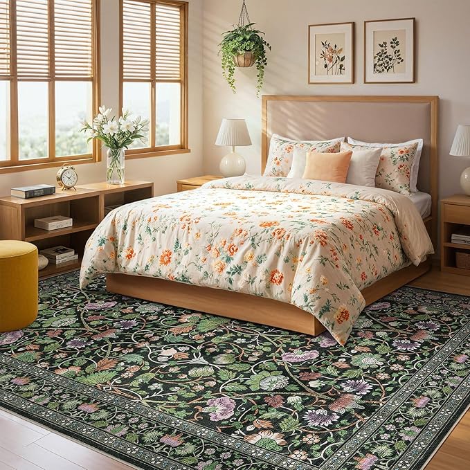 10x12 Area Rug Living Room Rugs - Washable Boho Vintage Floral Large Soft Non Slip Thin Rug Low Pile Carpet for Bedroom Dining Room Kids Playroom Office Decor Indoor- Green Dark