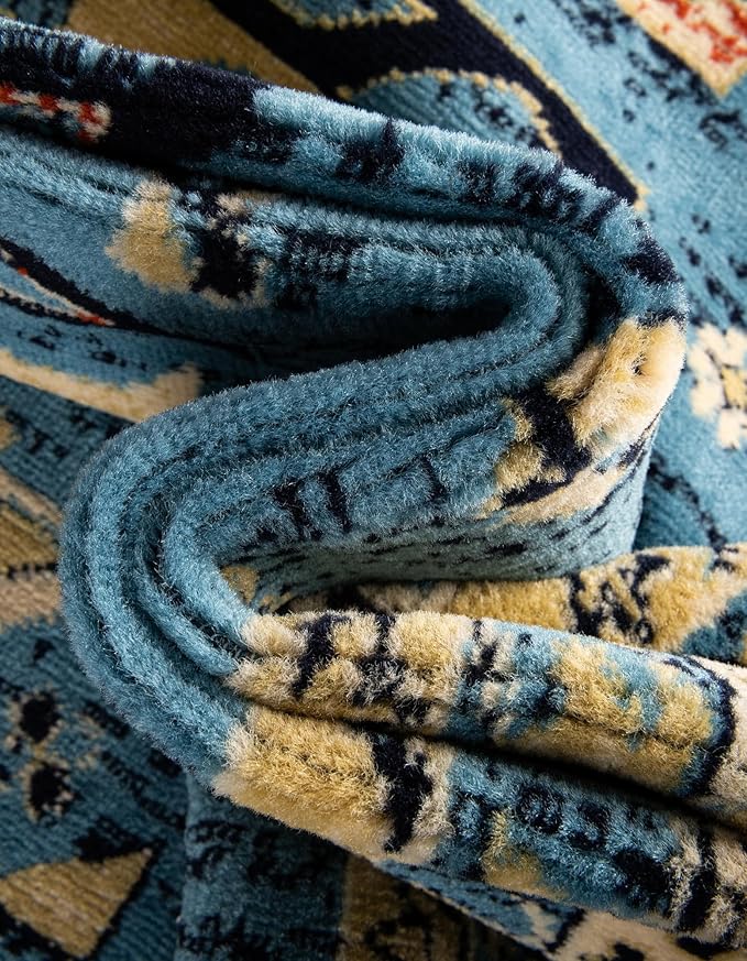 Unique Loom Taftan Collection Border Geometric Tribal Inspired Design Area Rug (8' 0 x 10' 0 Rectangular, Light Blue/ Gold)