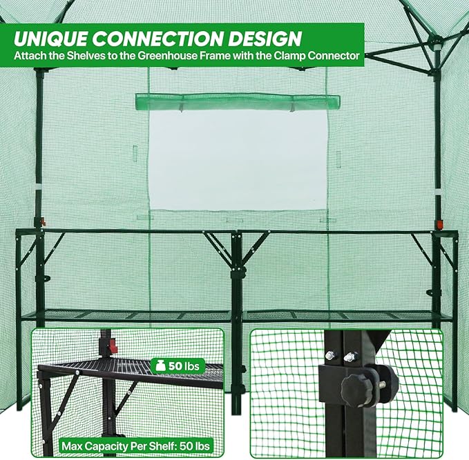 EAGLE PEAK 7x7 Pop up Greenhouse Portable Walk-in Outdoor Gardening Green House with 2 Foldable Shelves, Roll-up Zipper Entry Door and 3 Mesh Windows, PE Cover, Green/Clear