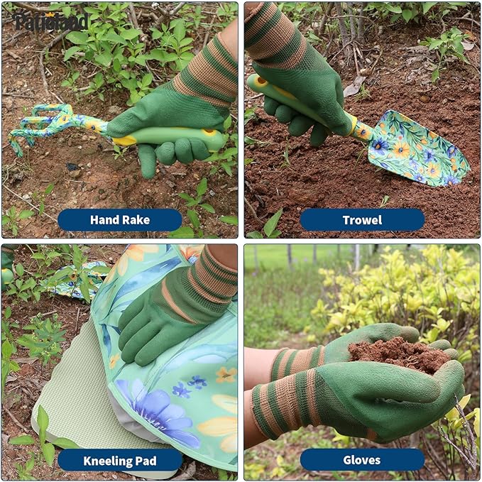 10-Piece Garden Tool Set – Green Floral Gardening Hand Tools with Non-Slip Handles, Heavy Duty Rust-Proof Aluminum Tools, Organizer Tote Bag, Ideal Gardening Gifts for Women & Grandma