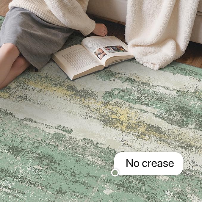 GENIMO 6x9 Area Rugs for Living Room, Modern Abstract Low Pile Rug with Non-Slip Pad, Crease-Resistant Soft Floor Carpet, Single-Piece Rugs for Bedroom, Dining Room, Office, Green Gray