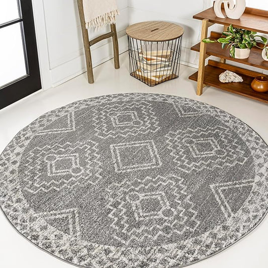 JONATHAN Y Amir Moroccan Beni Souk Gray/Cream 5' Round Indoor Area Rug, Bohemian, Scandinavian, Easy-Cleaning for Living Room, Bedroom, Kitchen, Pet Friendly, Non-Shedding (MOH200C-5R)