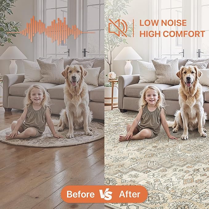 GENIMO Machine Washable 8x10 Area Rugs for Living Room, Non Slip Vintage Rugs, Low Pile Lightweight Chenille Print Rug for Bedroom, Dining Room, Home Office, Sandy Brown