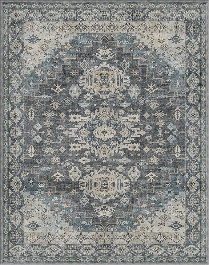 GENIMO Machine Washable 8x10 Area Rugs for Living Room, Non Slip Vintage Rugs, Low Pile Lightweight Chenille Print Rug for Bedroom, Dining Room, Home Office, Slate Gray Blue