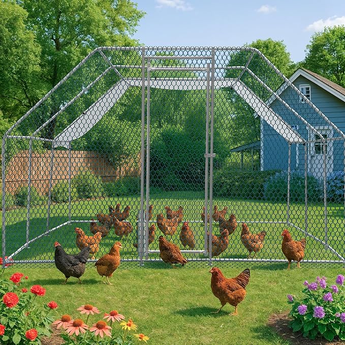 VINGLI Chicken Coop, Large Metal Poultry Cage for Chicken Run, Walk-in Chicken Pen with Waterproof & Anti-UV Cover Outdoor (Silver-Flat Roof, 19.7 * 9.8 * 6.5 ft)