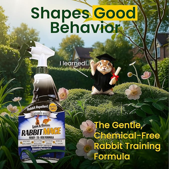 Nature’s Mace Rabbit MACE, Deterrent for Yard, Rabbit Repellent Outdoor, Mint Rabbit Spray, Garden, Lawn, Keep Rabbits Out, 40 oz Ready to Use, Covers 1,400 Sq Ft, Safe Around People, Pets, Plants