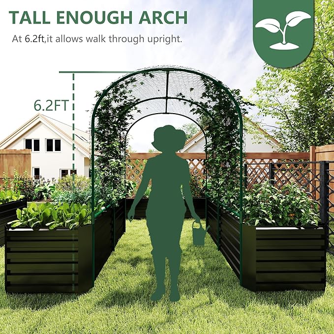 Raised Garden Bed with Arch Trellis for Climbing Plants,Galvanized Raised Garden Bed,Planter Boxes Outdoor for Vegetables Flowers Herb,269 Gallon Capacity Black