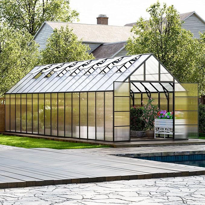 32x10x10 FT Outdoor Greenhouse, Easy Assembly Large Thicker Aluminum Polycarbonate Kit, 7 Vent Windows, Walk-in, for Outside, Sunroom, Patio, Backyard
