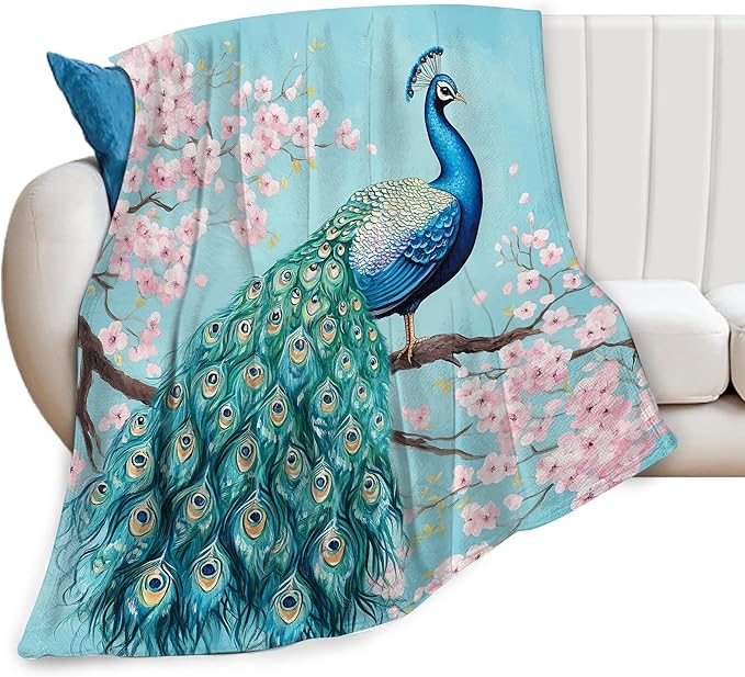 Peacock Fleece Throw Blanket - Cozy Warm Soft Lightweight Plush for Bed Travel - Animal Decor Flannel Bedding Stuff - Gifts for Lovers Girls Boys Adults Women - 60"x80"