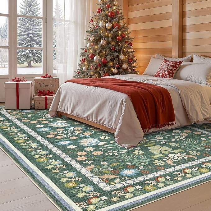8x10 Area Rug Living Room Rugs - Washable Boho Vintage Floral Large Soft Non Slip Thin Rug Low Pile Carpet for Bedroom Dining Room Kids Playroom Office Decor Indoor- Green