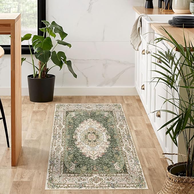 Small Rugs 2x3,Green Rug for Entryway Bathroom Bedroom Kitchen Entrance Doormat,Boho Vintage Bohemian Distressed Washable Accent Floor Throw Carpet Non Slip,Floral