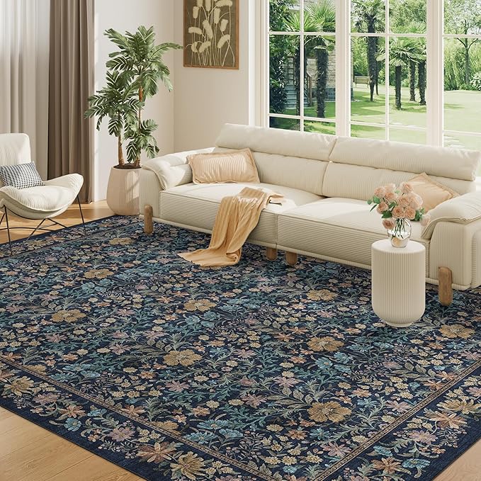 DUKINO 8x10 Area Rugs for Living Room, Vintage Floral Washable Rug with Non Slip Backing, Soft Low Pile & Non-Shedding Large Carpets for Bedroom, Farmhouse, Dining Room, Home Office, Dark Blue