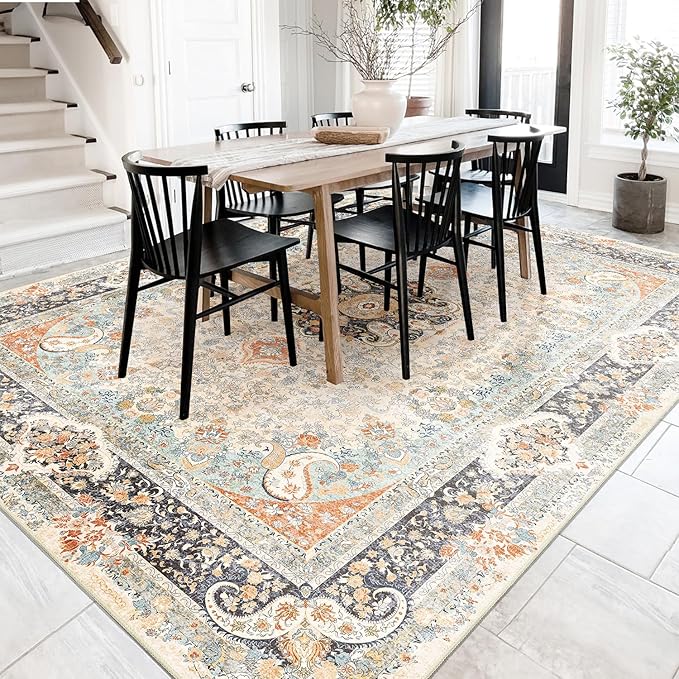 8x10 Area Rugs Washable,Vintage Rug for Living Room Bedroom Dining Room,Large Boho Bohemian Distressed Carpet Non Slip,Retro Blue Grey Floral