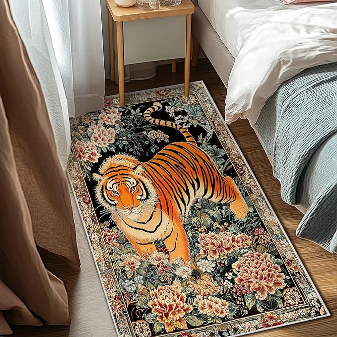 3x5 Tiger Rugs Boho Floral Flower Tiger Rug for Bathroom Kitchen Entryway Indoor Soft Non-Slip Thin Hippie Carpet Small Doormat for Office Dining Room Under Table Washable Machine