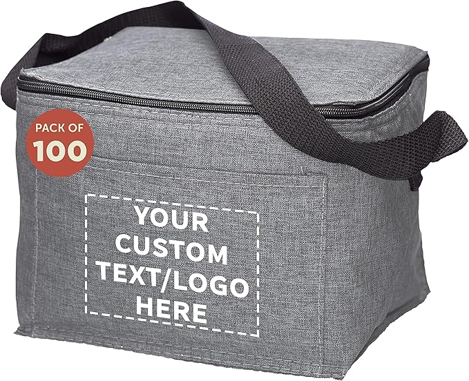 Custom Insulated Cooler Lunch Bag Set of 100, Personalized Bulk Pack - Perfect for Work, Travel, Outdoor Events - Grey