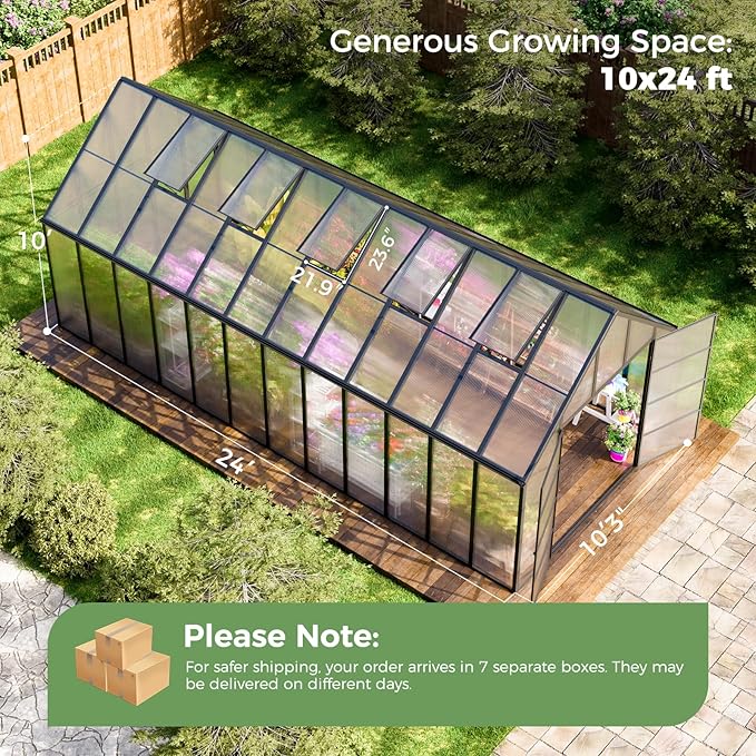 10'x10'x24' Snap-Together Greenhouse - Easy 3-Way Connectors, Heavy-Duty Aluminum Frame, Wind/Snow Resistant for Gardening/Urban Farming, Includes Sliding Door & Ventilation Windows