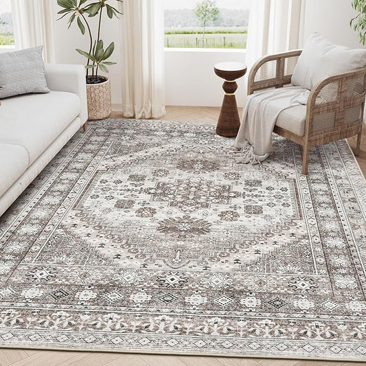 zesthome 6x9 Area Rug, Super Soft Washable Rugs for Living Room, Non-Slip Stain Resistant Vintage Rugs, Ultra-Thin Large Area Rugs (Brown/Beige,6'x9')