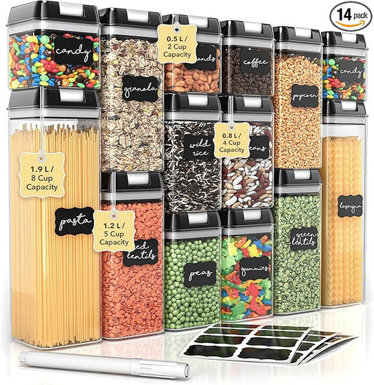 Simply Gourmet Airtight Food Storage Containers with Lids – 14 Piece Assorted Size Kitchen Pantry Organization Set, BPA-Free Clear Plastic, Stackable Containers for Cereal, Flour, Sugar, Rice, Snacks