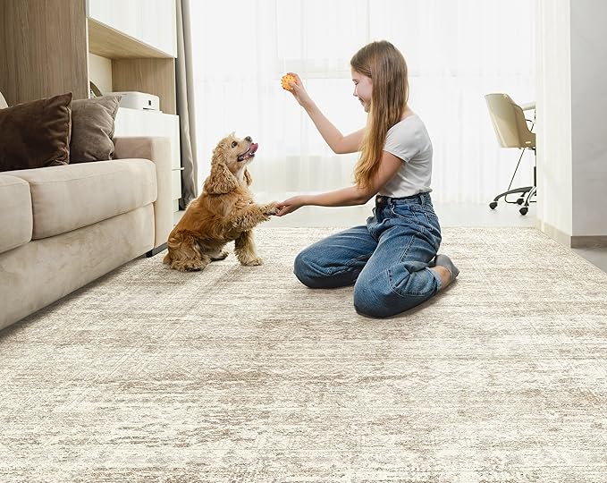 10x13 Area Rug Living Room Rugs - Washable Neutral Modern Abstract Soft Thin Rug Indoor Floor No Slip Rug Carpet for Bedroom Under Dining Table Home Office Decor - Beige