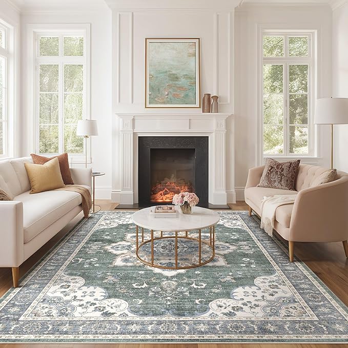 Area Rug for Living Room - 6x9 Soft Washable Oriental Vintage Floral Distressed Large Carpet - Fade Stain Resistant Non Slip Rugs for Bedroom Dining Room Nursery Dorm Office Home Decor - Green