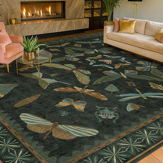 7x9 Insect Dark Green Rugs for Living Room, Boho & Forest Design Area Rug for Dining Room Under Table, Bedroom, Unique Washable Floral Non Slip Low Pile Soft Rug