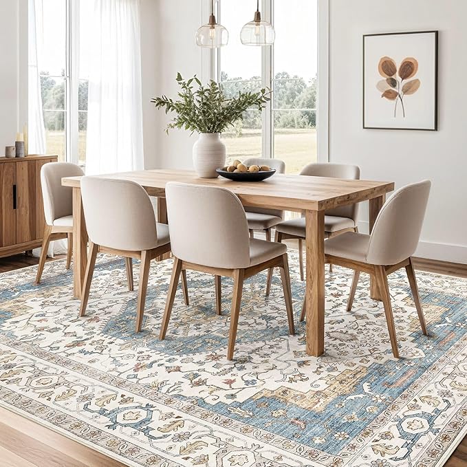 Area Rug for Living Room - 6x9 Soft Washable Oriental Vintage Floral Distressed Large Carpet - Fade Stain Resistant Non Slip Rugs for Bedroom Dining Room Nursery Dorm Office Home Decor - Blue/Beige