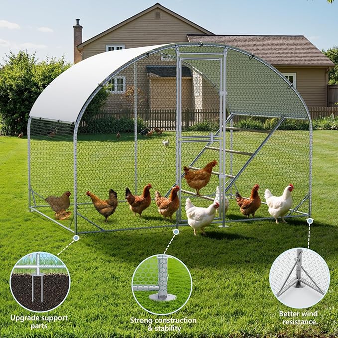 Large Chicken Coop,10x6.5x6.5FT Metal Chicken Run for Yard with Feeding Door, Round Top Walk-in Chicken Pen,Outdoor Poultry Cage with Anti-UV Cover,Rabbit Duck House