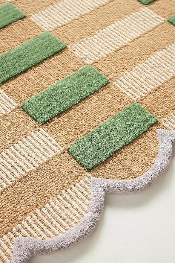Hand-Tufted Wool Area Rug with Scalloped Edges, Beige and Green Plaid Pattern, Cozy and Soft Accent Rug for Living Room, Bedroom, and Nursery, Handmade Decorative Rug, 5x7 Ft
