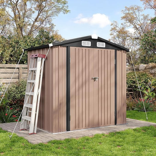 Aoxun 6.2x4 FT Shed with Anchors and Wind-Resistant Ropes Outdoor Storage Shed with Lockable Doors & Slooping Roof Metal Garden Tool Shed for Backyard, Patio, Poolside (Brown)