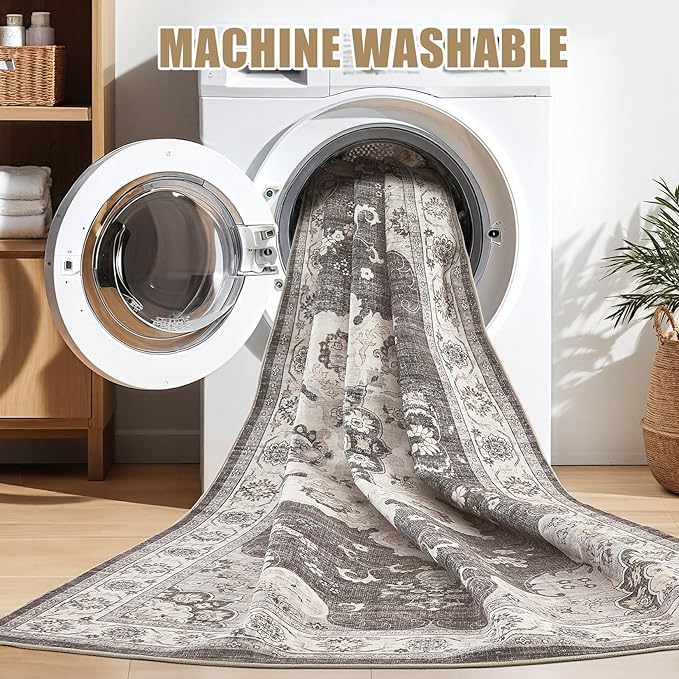 Area Rug for Living Room - 8x10 Soft Washable Oriental Vintage Floral Distressed Large Carpet - Fade Stain Resistant Non Slip Rugs for Bedroom Dining Room Nursery Dorm Office Home Decor - Brown/Grey