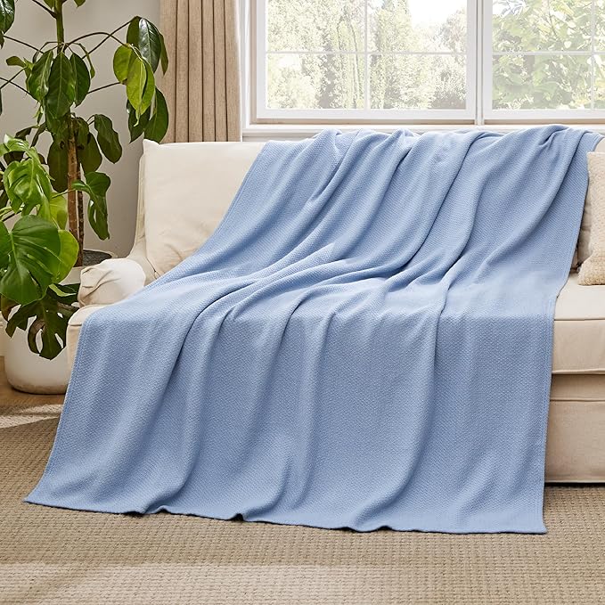 Bedsure GentleSoft 100% Cotton Blanket Twin XL Size for Bed - Breathable and Lightweight, Soft Cozy Textured Herringbone Woven Summer Blanket for College Dorm, Ashley Blue, 66x90 inches