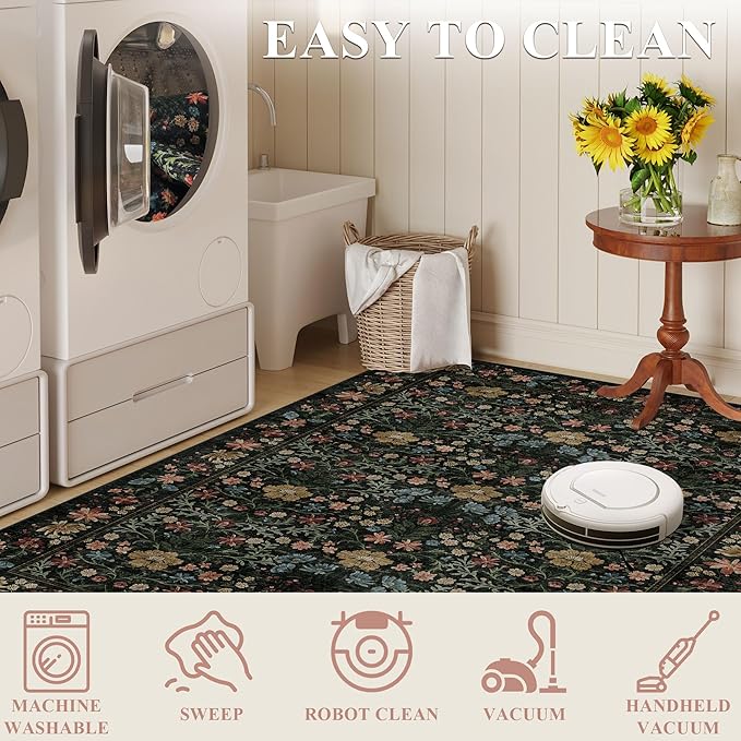 DUKINO 5x7 Area Rugs, Floral Washable Rugs for Bedroom with Non Slip Backing, Vintage Low Pile Indoor Floor Carpets for Bedroom, Living Room, Farmhouse, Home Office, Dining Room, Black