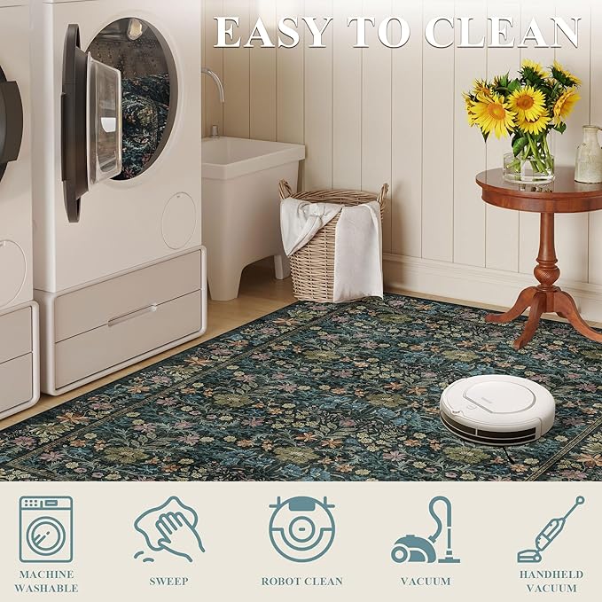 DUKINO 8x10 Area Rugs for Living Room, Vintage Floral Washable Rug with Non Slip Backing, Soft Low Pile & Non-Shedding Large Carpets for Bedroom, Farmhouse, Dining Room, Home Office, Blue