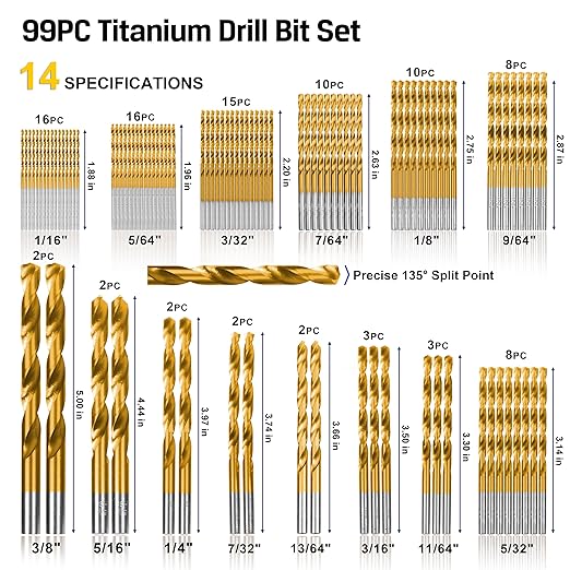 99 Pieces Titanium Twist Drill Bit Set, 135° Tip High Speed Steel, Size from 1/16" up to 3/8", Ideal Drilling in Wood/Cast Iron/Aluminum Alloy/Plastic/Fiberglass, with Hard Storage by HURRICANE