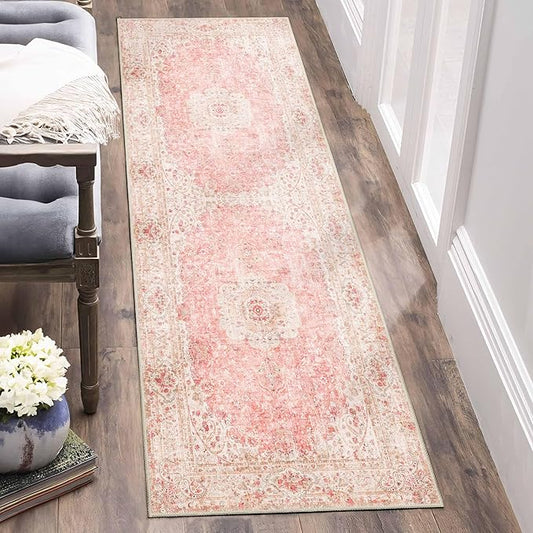 Washable Runner Rug 2x6,Pink Rug Runners Non Slip,Long Boho Rugs for Hallways Kitchen Bedroom Entryway Living Room Bathroom,Vintage Bohemian Distressed Floor Carpet,Blush