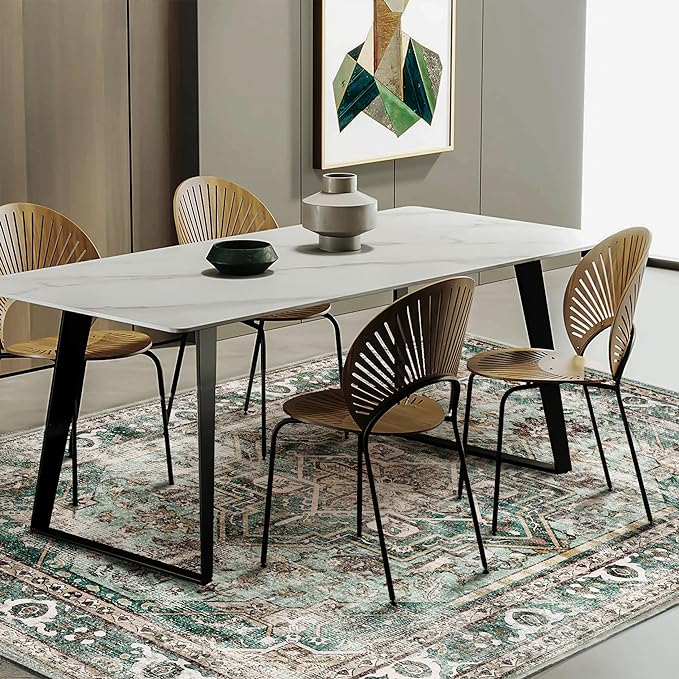Area Rug 8'x10' Green Washable Vintage Traditional Mat Distressed Indoor Foldable Thin Retro Accent Floral Print Non Slip Carpet for Living Room Dining Room Office