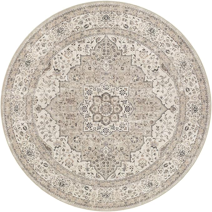 Washable 5 Ft Round Area Rug - 5x5 Area Rugs for Living Room Bedroom Dining Room Home Office Floor Decor- Vintage Floral Stain & Fade Resistant Non-Slip Backing Carpet(Brown/Beige)
